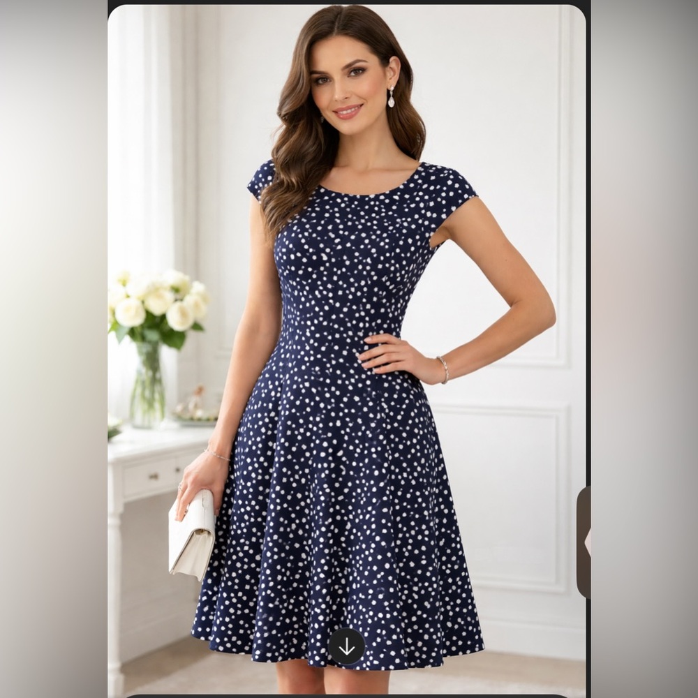 Elle Navy and White Polka Dot Midi Dress